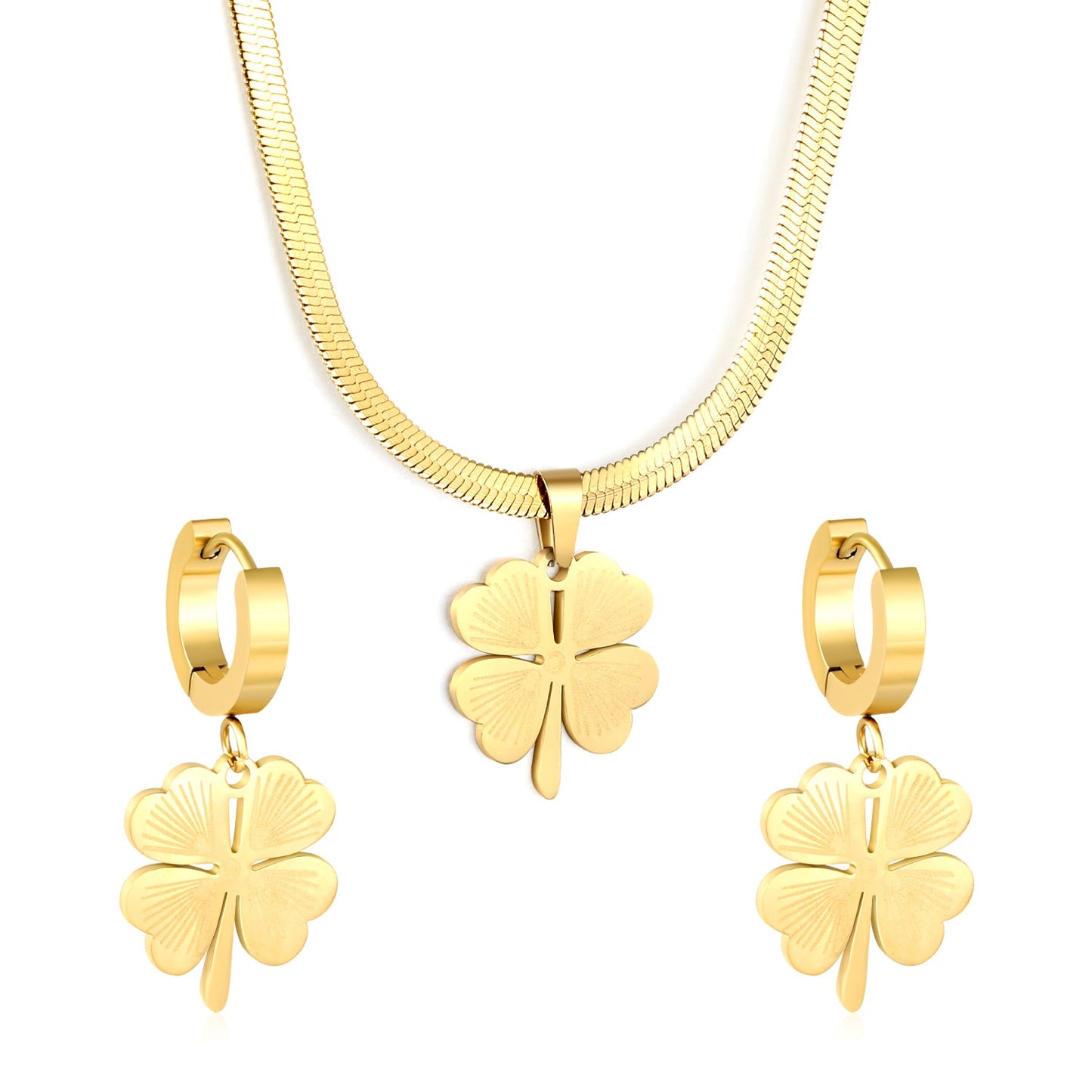 Four Leaf Clover Necklace Earring Set Gold Earrings: 15.8*18.3mm Pendant: 15.8*18.3mm3.2 Push Dense Chain 40+5cm+6mm Round Tail Plaque