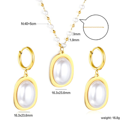Pearl Necklace Earrings Set Gold Earrings: 16.3*23.6mm Pendant: 16.3*23.6mm 3mm Pearl + 1.9mm Steel Bead Chain 40+5cm+6mm Round Tail Plaque