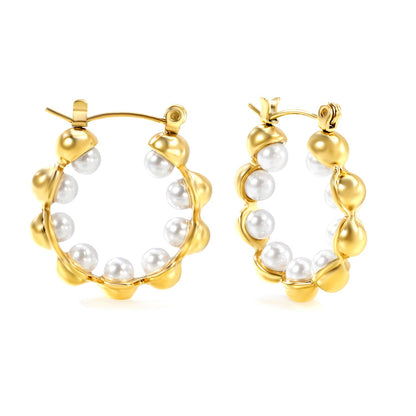 23mm wide + with 4mm imitation white pearl earrings gold color
