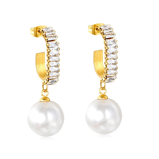 13.9mm imitation pearl pendant + 4.8*21.6mm C-shaped with white diamonds circle Earrings Golden