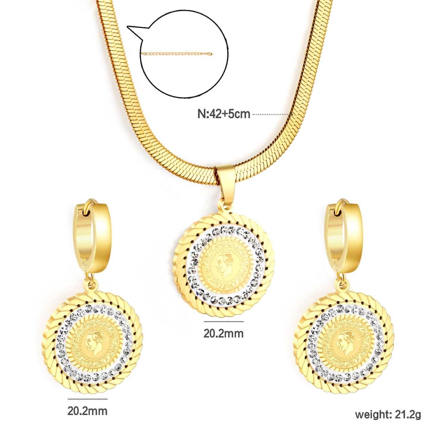 Round Cake Portrait Set Gold Earrings: 20.2mm Pendant: 20.2mm3.2 Push Dense Chain 42+5cm