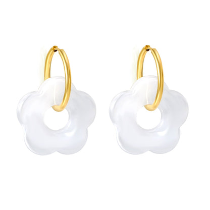 2*18mm I.D. Earrings + 27mm White/Red/Blue/Yellow/Coffee/Pink/Peacock Blue/Peacock Green Resin Flower Earrings Gold Color