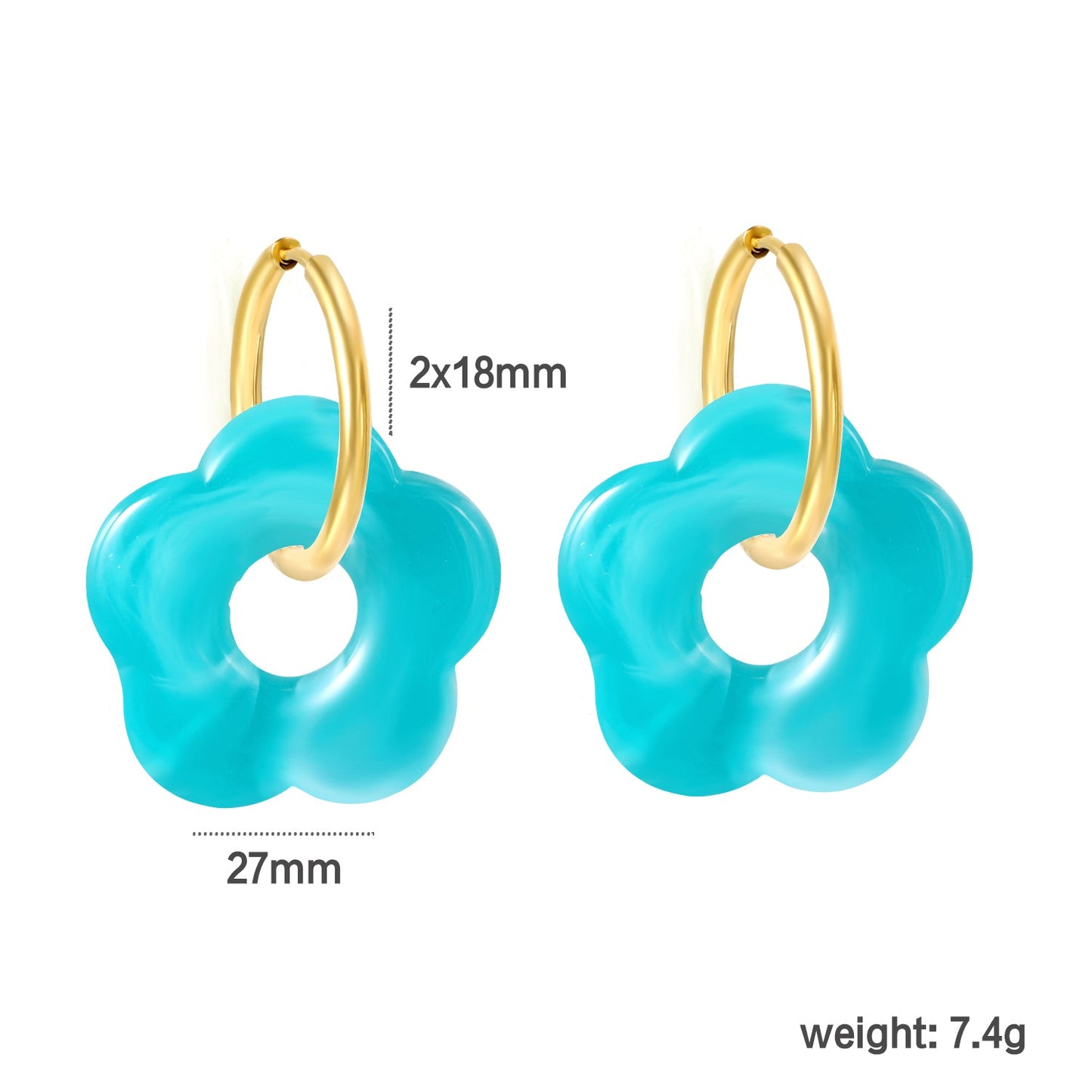 2*18mm I.D. Earrings + 27mm White/Red/Blue/Yellow/Coffee/Pink/Peacock Blue/Peacock Green Resin Flower Earrings Gold Color