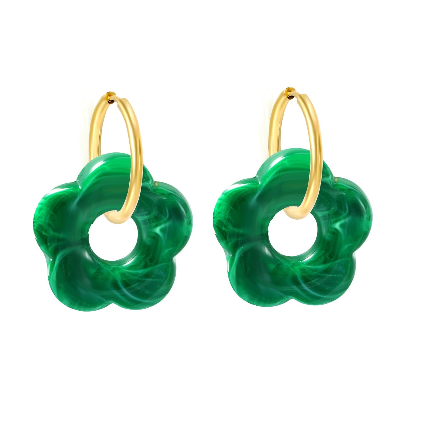 2*18mm I.D. Earrings + 27mm White/Red/Blue/Yellow/Coffee/Pink/Peacock Blue/Peacock Green Resin Flower Earrings Gold Color