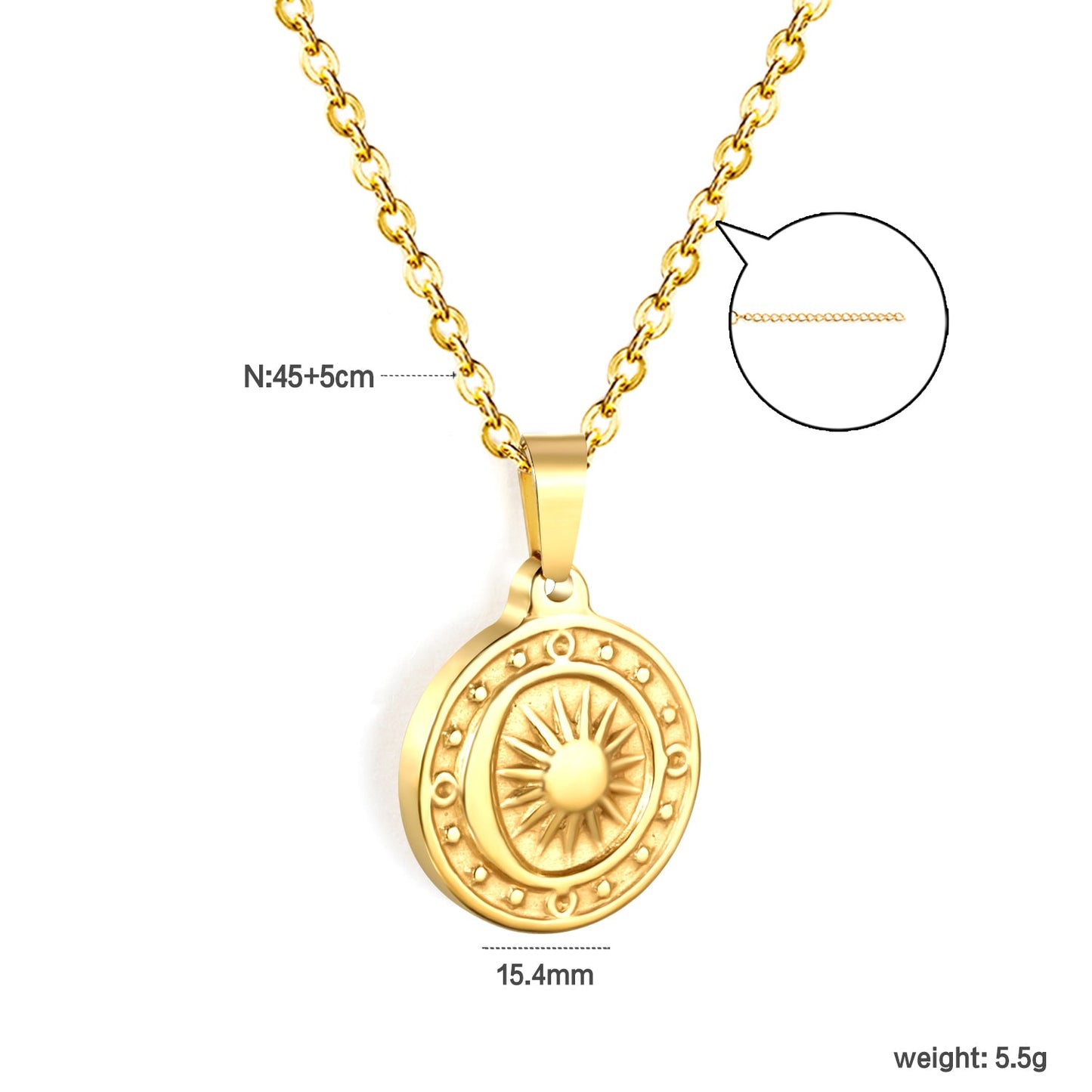 15.4mm Sun Moon Star Compass Pendant 45+5+6mm Necklace Steel/Golden