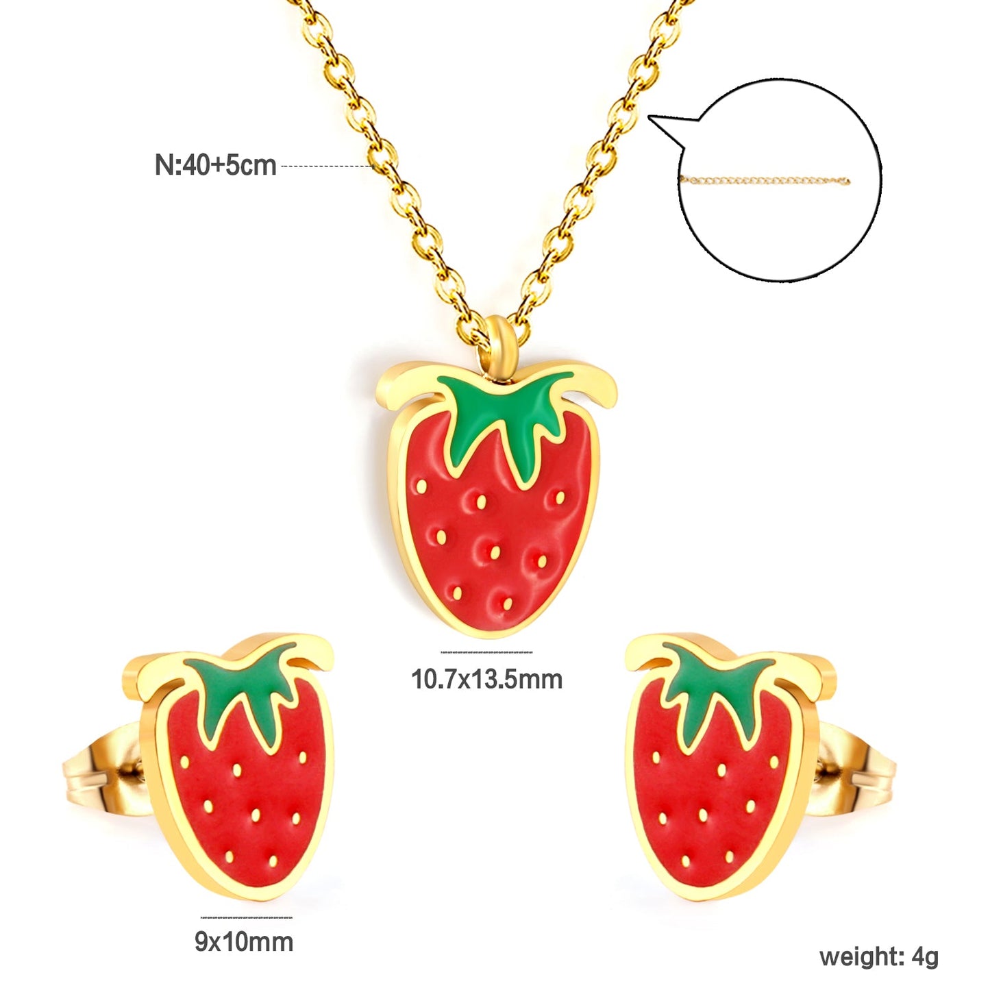 ???Strawberry with red oil drip accessories Set Steel color/golden 0.3 cross 40+5+6mm round plate Pendant: 10.7*13.5mm Earrings: 9*10mm