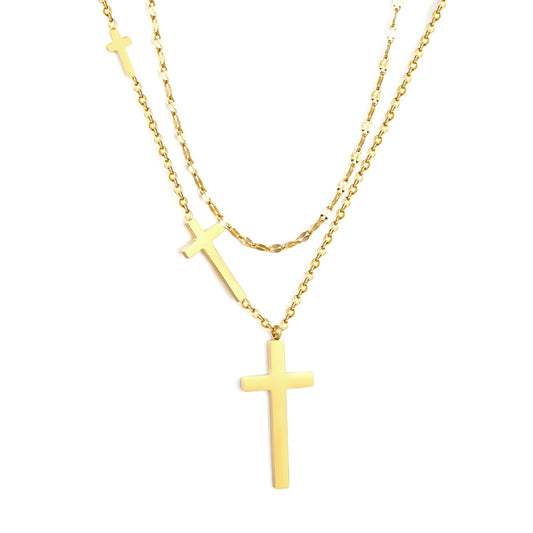 15 x 31.3mm + 10 x 19.4mm + 4.9 x 10mm Cross Pendant Lip Chain 40 + Cross Chain 45 + 5cm Double Chain Necklace, Gold