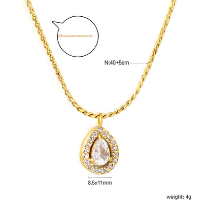 8.5*11mm teardrop CNC white zirconium circle pendant 40+5cm+6mm round plate necklace gold color