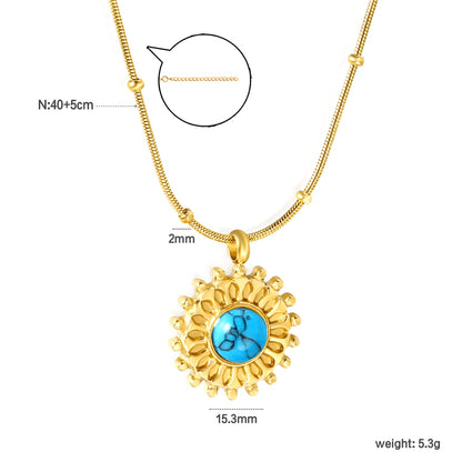 15.3mm round grain face with imitation white pearl/blue turquoise/tiger eye pendant 0.9+2mm round snake bead necklace 40+5cm+6mm round plaque necklace gold color