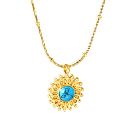 15.3mm round grain face with imitation white pearl/blue turquoise/tiger eye pendant 0.9+2mm round snake bead necklace 40+5cm+6mm round plaque necklace gold color