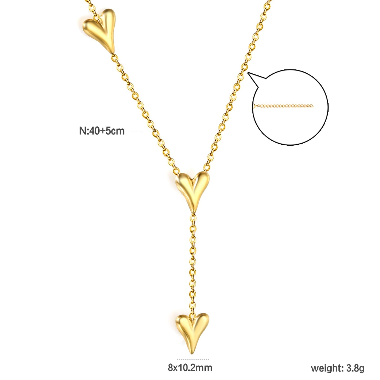 8 x 10.2mm 3 heart-shaped accessories 40+5cm+6mm round pendant necklace, gold