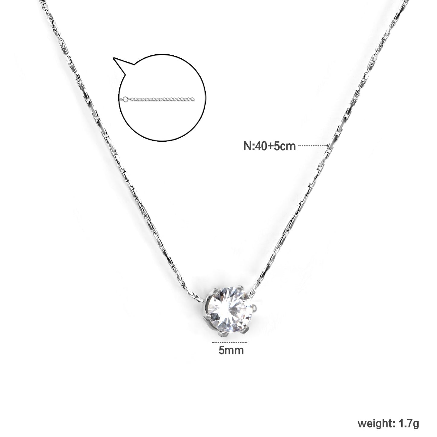 5mm Six Claws Round White Diamond Pendant 40+5cm+6mm Round Tail Plaque Necklace Steel/Golden