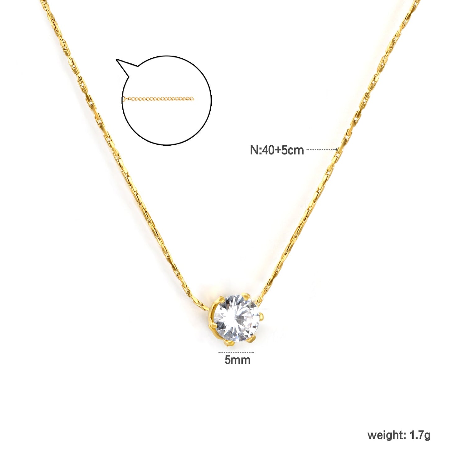 5mm Six Claws Round White Diamond Pendant 40+5cm+6mm Round Tail Plaque Necklace Steel/Golden