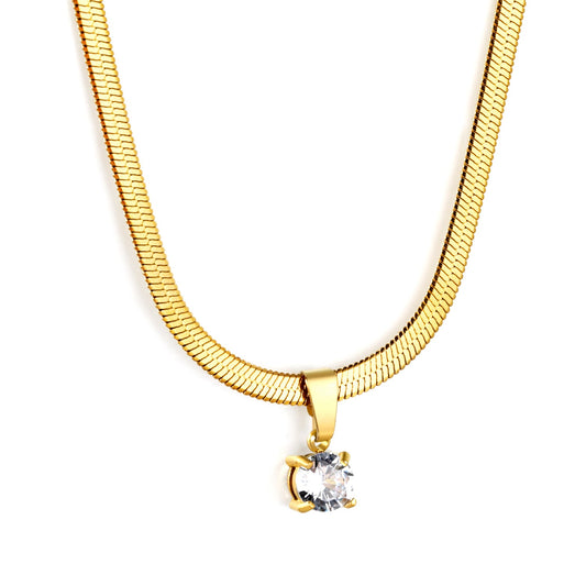 5.9 mm round white diamond pendant, 3.2 mm blade chain 40 + 5 cm + 6 mm round tail tag necklace, gold