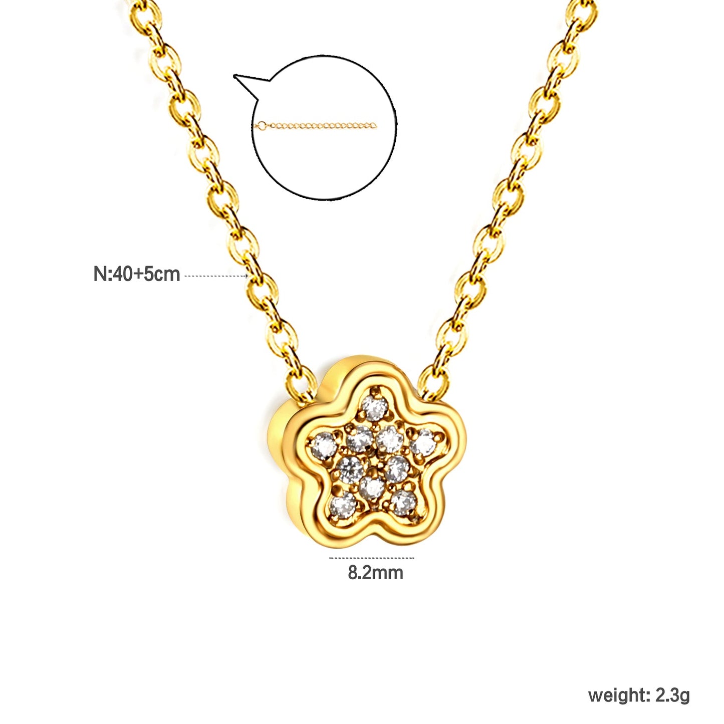 8.2mm convex five petal flower CNC white zirconium pendant 0.3 cross chain 40+5cm+6mm round plaque necklace gold color