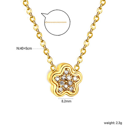8.2mm convex five petal flower CNC white zirconium pendant 0.3 cross chain 40+5cm+6mm round plaque necklace gold color