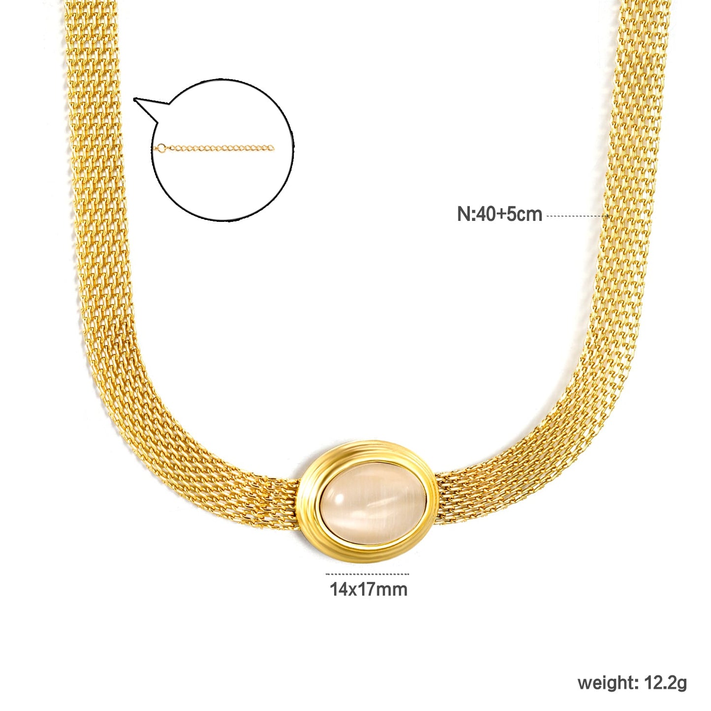 14*17mm Oval with white cat's eye/tiger eye pendant Thick 1*Wide 6mm Mesh Chain 40+5cm+6mm Round Necklace Golden