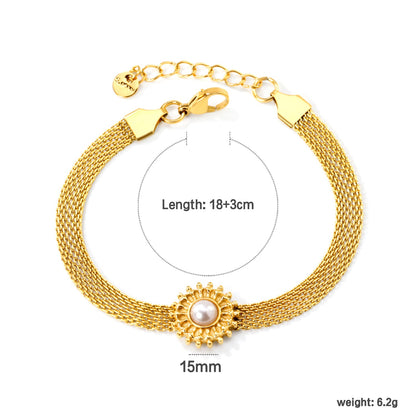 15mm round with imitation white pearl/pink crystal/tiger's eye accessories Thick 1*Width 6mm mesh chain 18+3cm+6mm round plaque Bracelet gold color