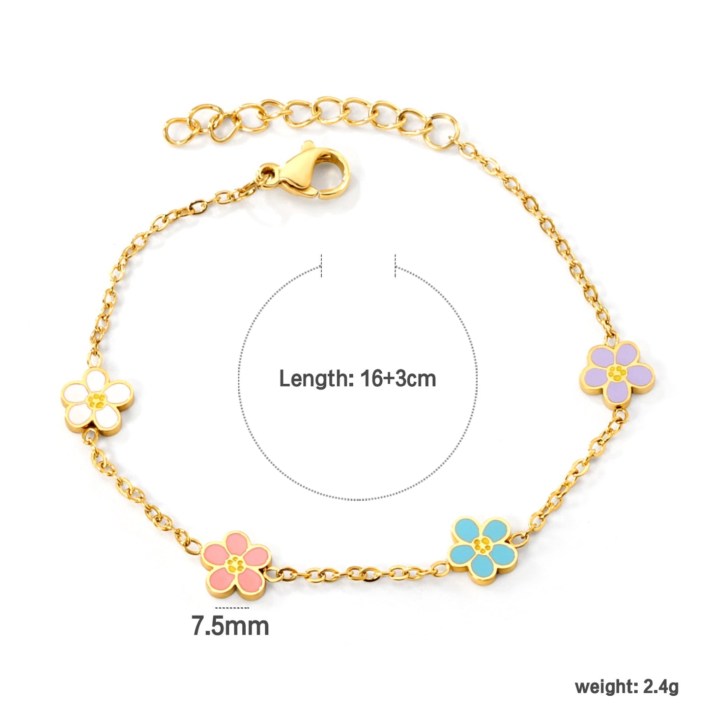 7.5mm Mixed Color Oil Drip Flower Bracelet 16+3cm Golden