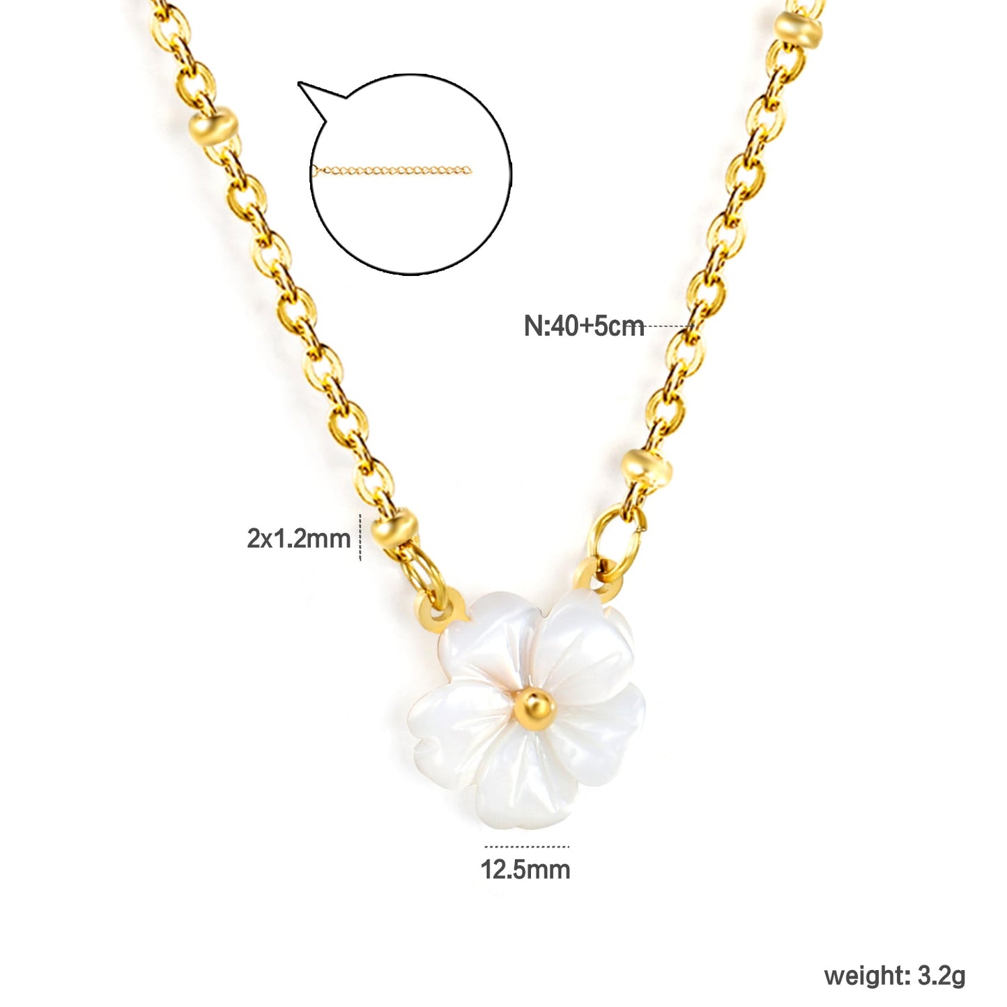12.5mm white shell peach blossom flower clasp bead chain 40+5cm+6mm round pendant necklace, gold