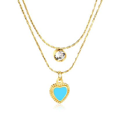 5mm cylindrical white diamond + 8.5x11.1mm blue teardrop heart 0.9 hammered square chain 50+40+5cm + 6mm round tag double chain necklace, gold