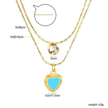 5mm cylindrical white diamond + 8.5x11.1mm blue teardrop heart 0.9 hammered square chain 50+40+5cm + 6mm round tag double chain necklace, gold