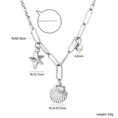 10.2*10.7mm shell+9*12.7mm starfish+4.2mm cylindrical white diamonds 42+5cm+10*3cm necklace steel/golden