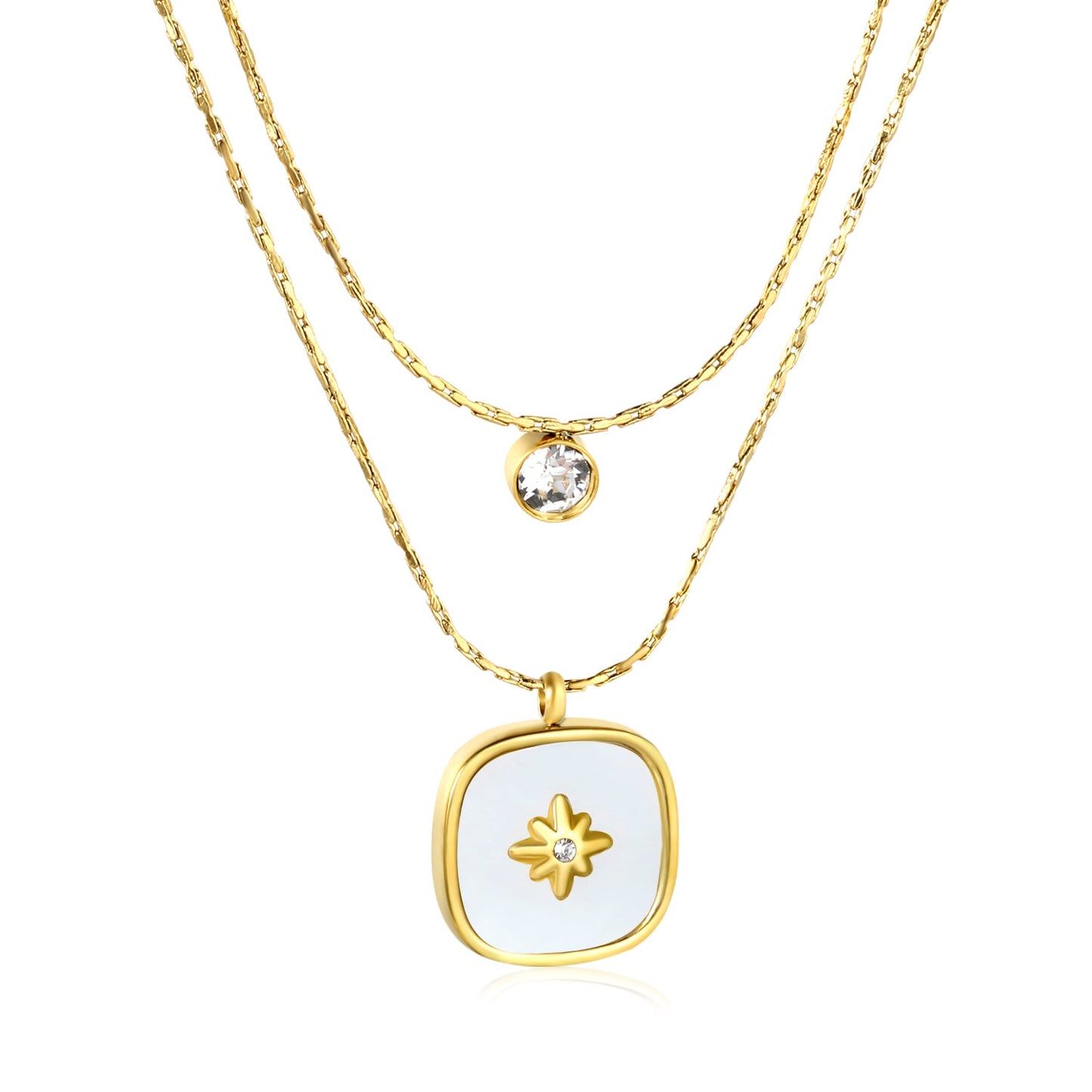 5mm cylindrical white diamond + 16mm square white diamond and white shell 0.9 hammer square chain 50+40+5cm + 6mm round tail tag double chain necklace gold