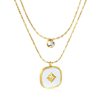 5mm cylindrical white diamond + 16mm square white diamond and white shell 0.9 hammer square chain 50+40+5cm + 6mm round tail tag double chain necklace gold