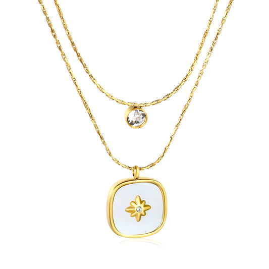5mm cylindrical white diamond + 16mm square white diamond and white shell 0.9 hammer square chain 50+40+5cm + 6mm round tail tag double chain necklace gold