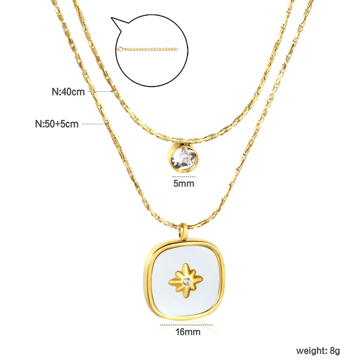 5mm cylindrical white diamond + 16mm square white diamond and white shell 0.9 hammer square chain 50+40+5cm + 6mm round tail tag double chain necklace gold