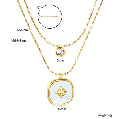 5mm cylindrical white diamond + 16mm square white diamond and white shell 0.9 hammer square chain 50+40+5cm + 6mm round tail tag double chain necklace gold