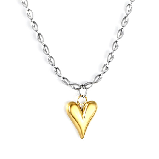 11.9 x 14.1mm heart pendant, rice grain bead chain 40+5cm + 10 x 3mm square tag, necklace, steel color