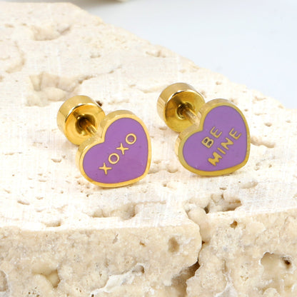 Screw plug 0.8*8mm pin 7*6.3mm heart with purple oil drop earrings gold color