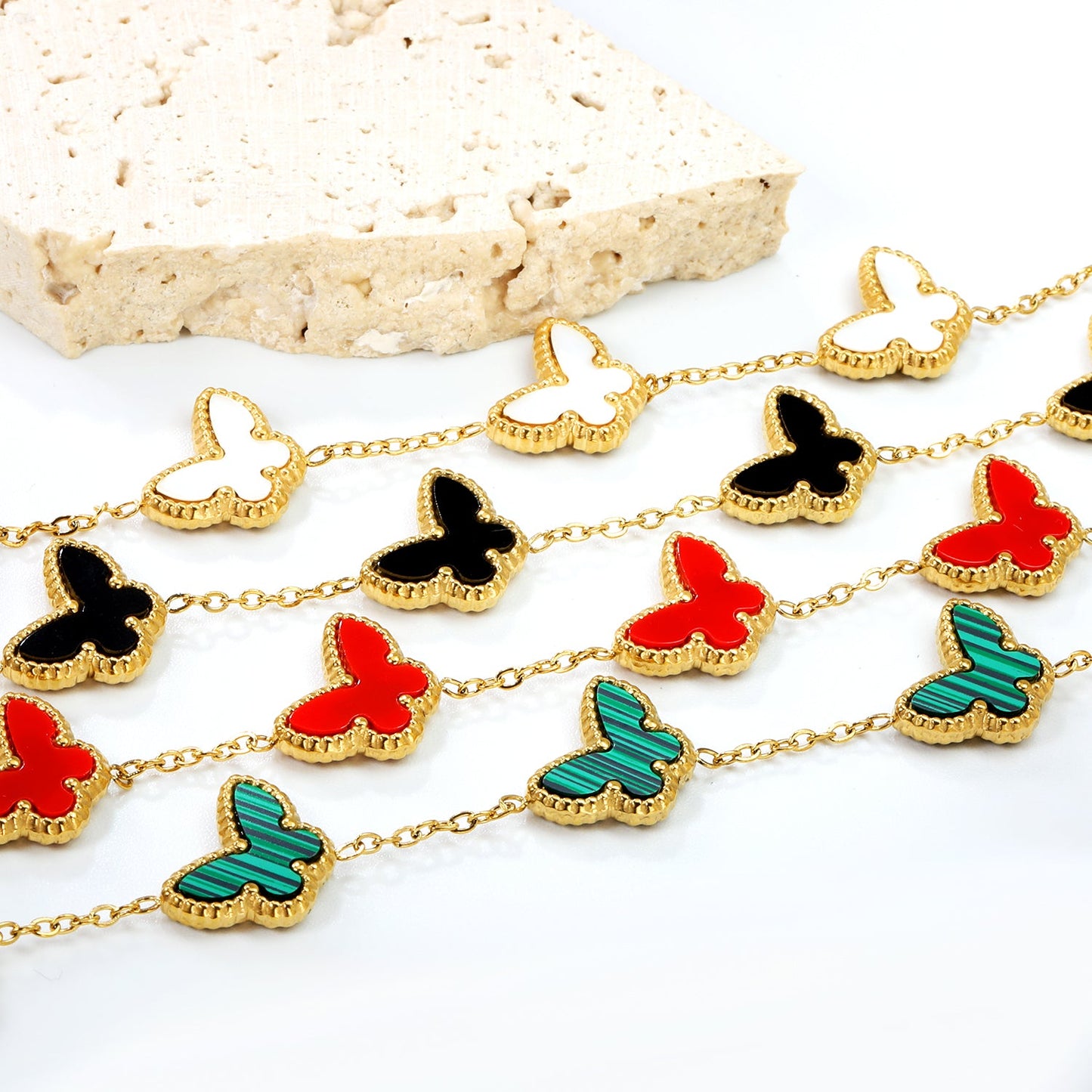 13*10mm Butterfly Sticky Double Sided White Shell/Red Acrylic/Vertical Green Acrylic/Black Acrylic Fittings 18+5cm Bracelet Gold Color