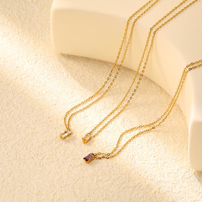 4.5*7.4mm Square White/Purple/Champagne Zircon Pendant 0.3 Cross Chain 40+5cm+6mm Round Tail Plaque Necklace GOLDEN