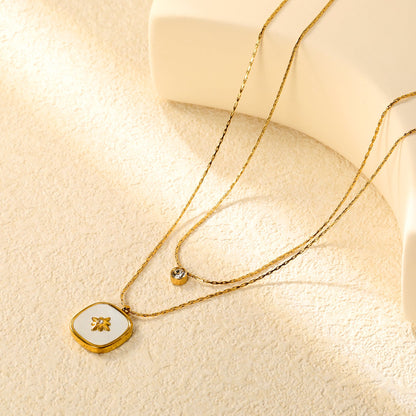 5mm cylindrical white diamond + 16mm square white diamond and white shell 0.9 hammer square chain 50+40+5cm + 6mm round tail tag double chain necklace gold