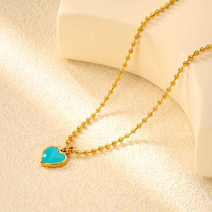14.3x16.4mm blue teardrop heart 3mm bead chain 40+5cm + 6mm round tag necklace, gold