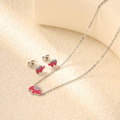 8.6*6.4mm small elephant with pink oil drop earrings +12.2*9mm pendant set cross 0.3mm*45+5cm+6mm round plate steel color / gold color