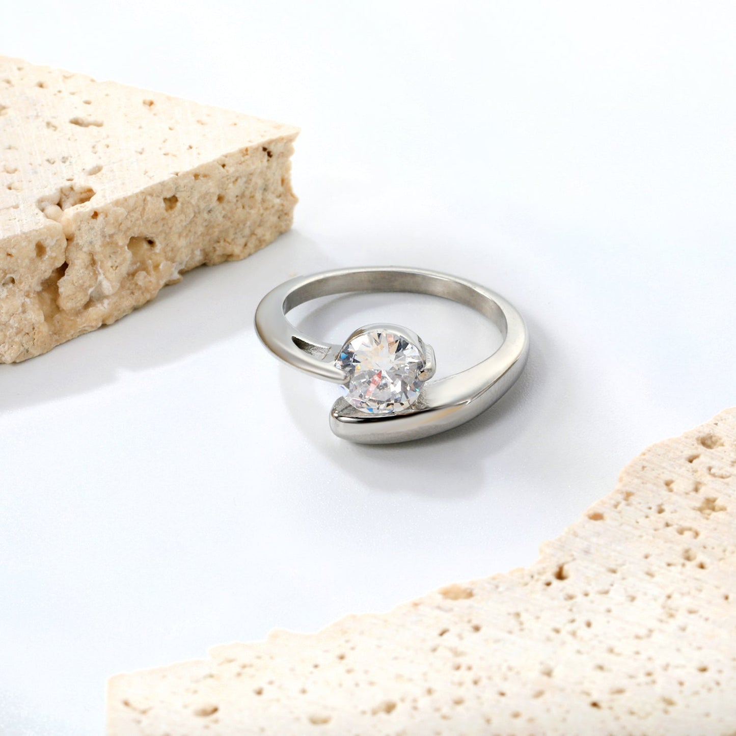 Height 10mm Round White Diamonds Open End Ring White Zirconium Steel/Golden