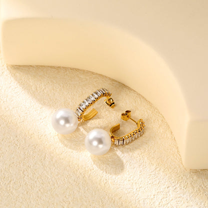 13.9mm imitation pearl pendant + 4.8*21.6mm C-shaped with white diamonds circle Earrings Golden