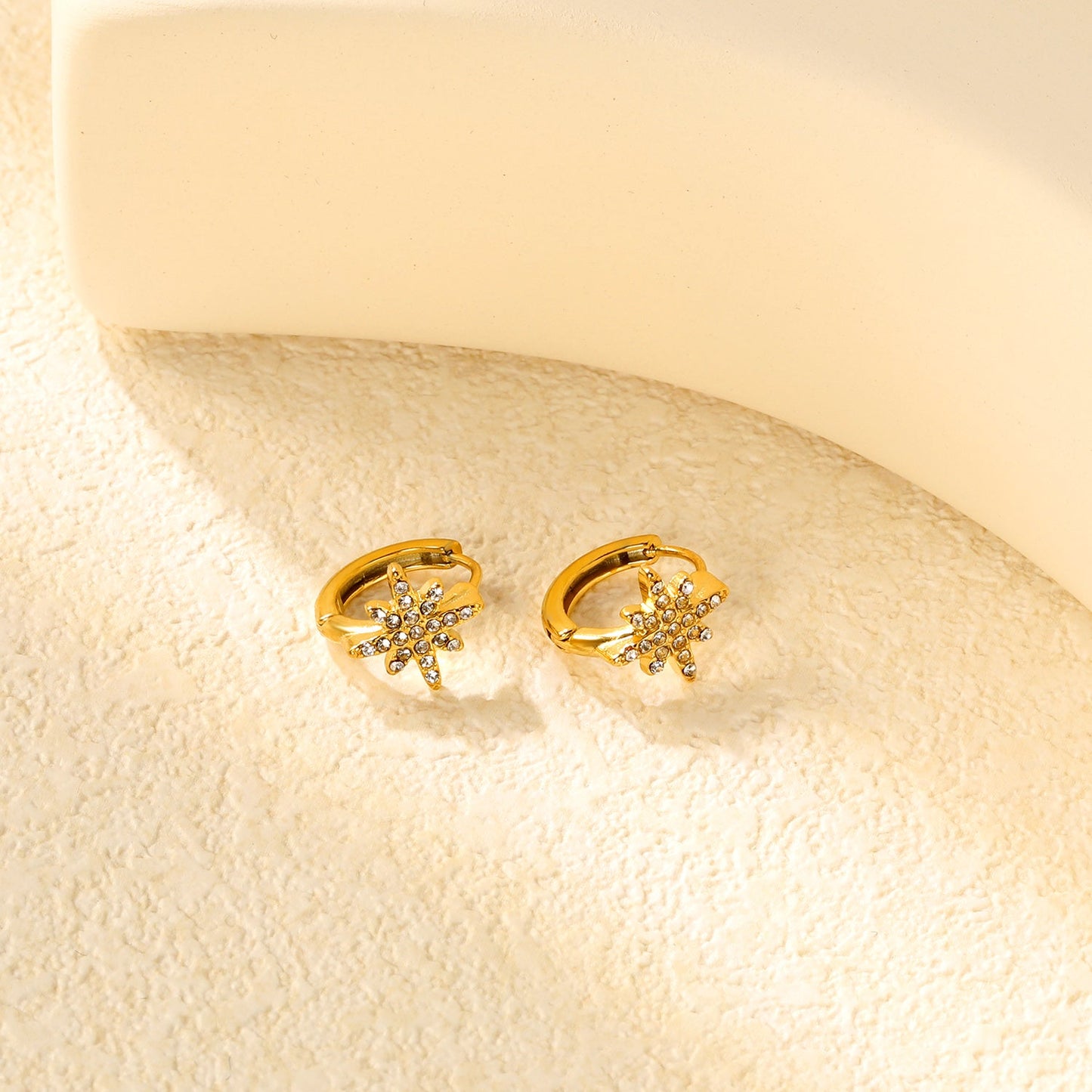 10.9mm eight-pointed star imitation white Czech crystal earring with 2.2mm earring post and 10mm inner diameter, gold-colored