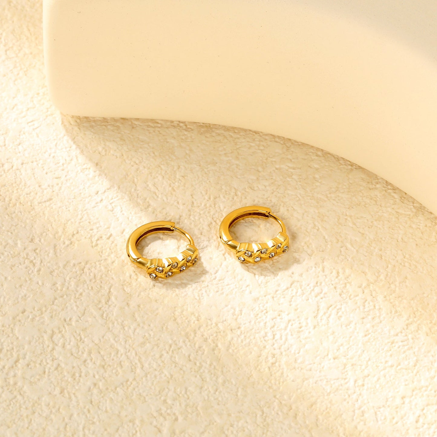 3.5 x 11mm Grass Ring with Imitation White Czech Diamonds, Ear Hook 2.2 x Inner Diameter 10mm, Earrings, Gold