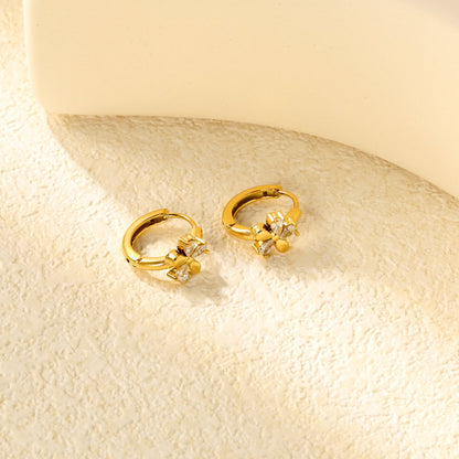 8mm flower-shaped earring with three white zirconia stones, 2.2mm post, and a 10mm inner diameter, gold color