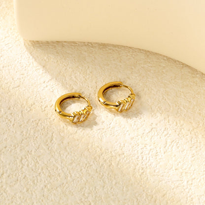 4.2 x 8mm three oblique square-shaped white zirconia earrings with 2.2 x 10mm inner diameter ear hooks, gold color