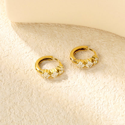 4.1 x 11.7mm three square white zirconia stud earrings with a 2.2mm post and a 10mm inner diameter, gold-colored