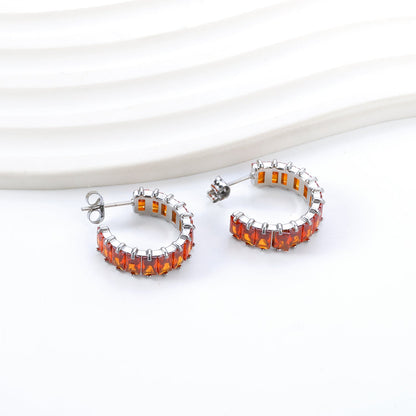 C-Shape with Two Grips Rectangle White/Purple/Green/Orange/Mixed/Pink Zirconium Earrings 6.8*21mm Steel Color/Golden Color