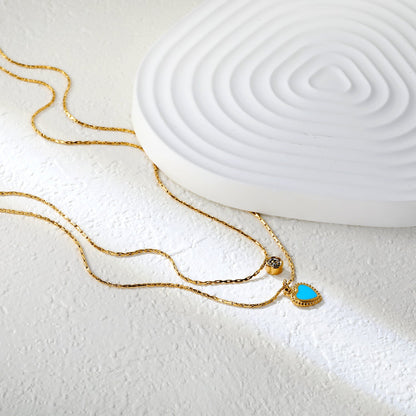 5mm cylindrical white diamond + 8.5x11.1mm blue teardrop heart 0.9 hammered square chain 50+40+5cm + 6mm round tag double chain necklace, gold