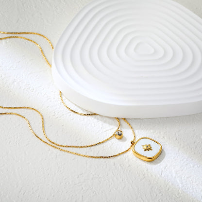 5mm cylindrical white diamond + 16mm square white diamond and white shell 0.9 hammer square chain 50+40+5cm + 6mm round tail tag double chain necklace gold