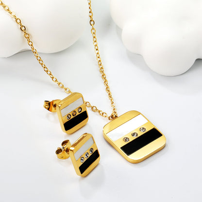 Rectangle Sticky Black and White Shells + White Diamonds Set Steel Color / Gold Earrings: 10.5*12mm Pendant: 16*18mm 04 Cross 45+5cm+6mm Round Plaque
